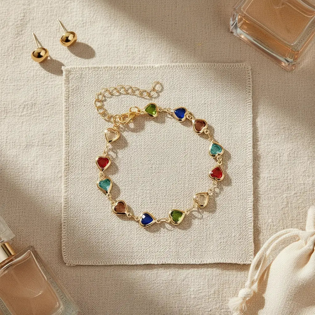 Rainbow Heart Charm Bracelet arranged on a fabric square with perfume bottles and gold stud earrings, highlighting the colorful heart stations as a chic gifting set | Oria Jewel

