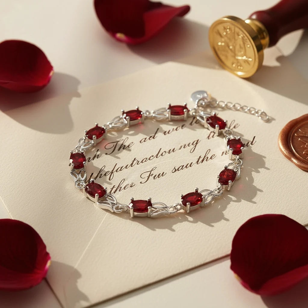 Romantic flat-lay of the Red Crystal Silver Tennis Bracelet resting on an embossed cream invitation card with rose petals and a wax seal nearby, emphasizing the bracelet’s rich red stones as a special-occasion gift | Oria Jewel