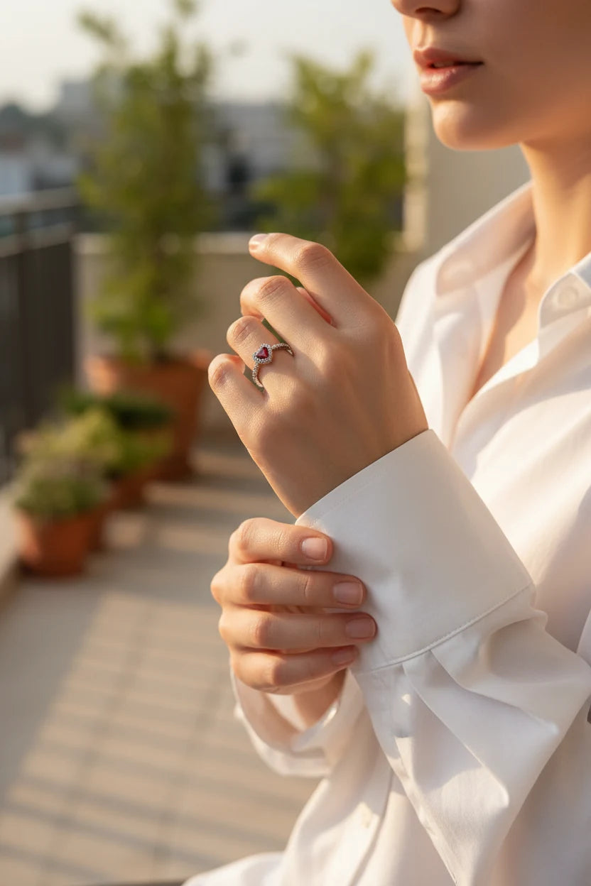 Outdoor lifestyle shot of the ring on hand in warm sunlight, Red Heart Halo CZ Ring | OriaJewel