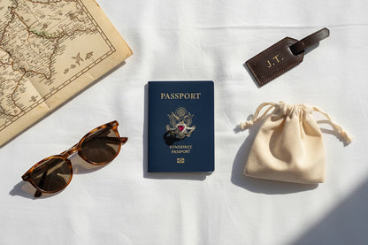 Travel flat lay with passport, sunglasses, pouch, and the ring, Red Heart Halo CZ Ring | OriaJewel