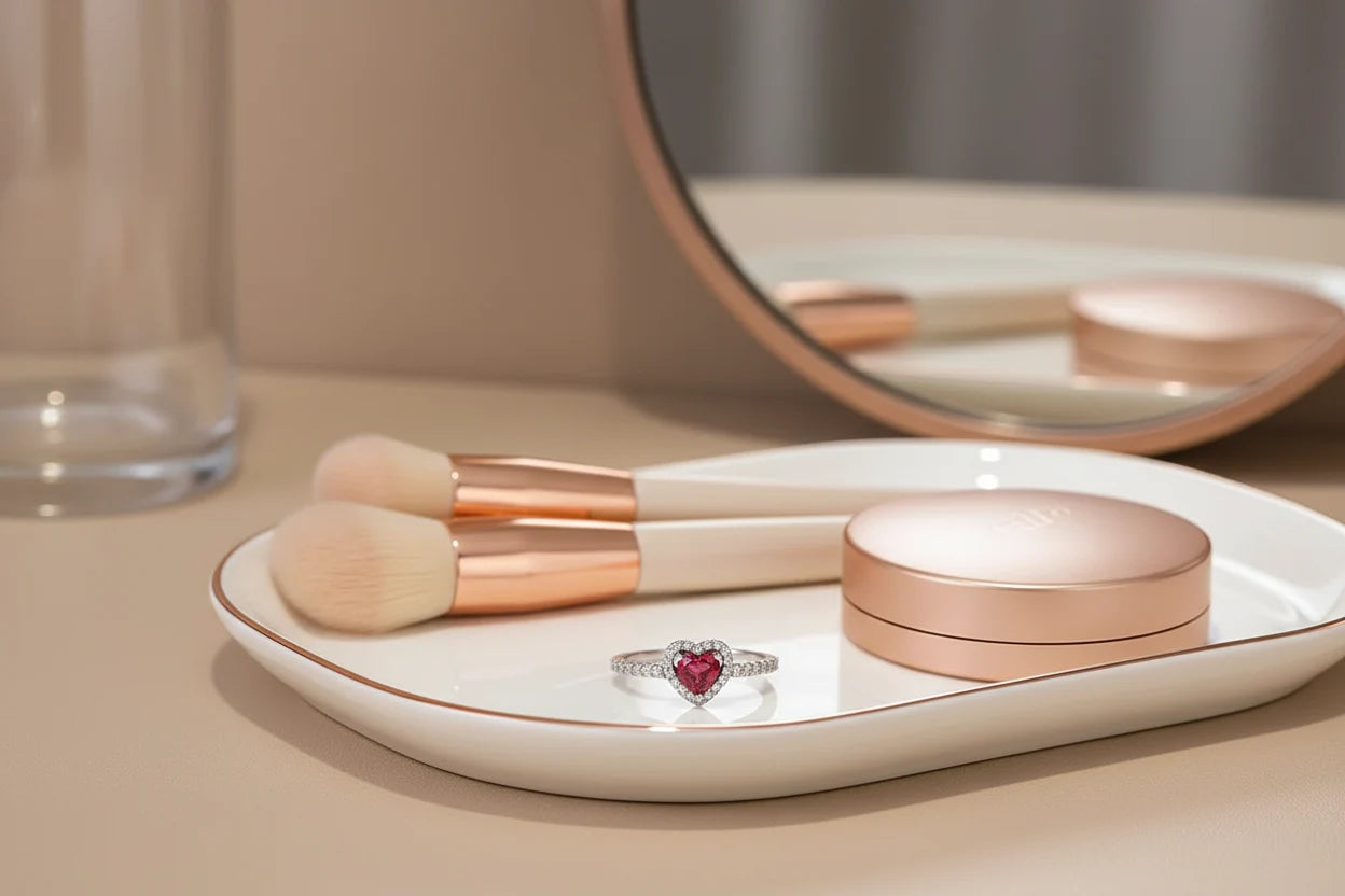 Vanity tray scene with makeup tools and the ring centered, Red Heart Halo CZ Ring | OriaJewel