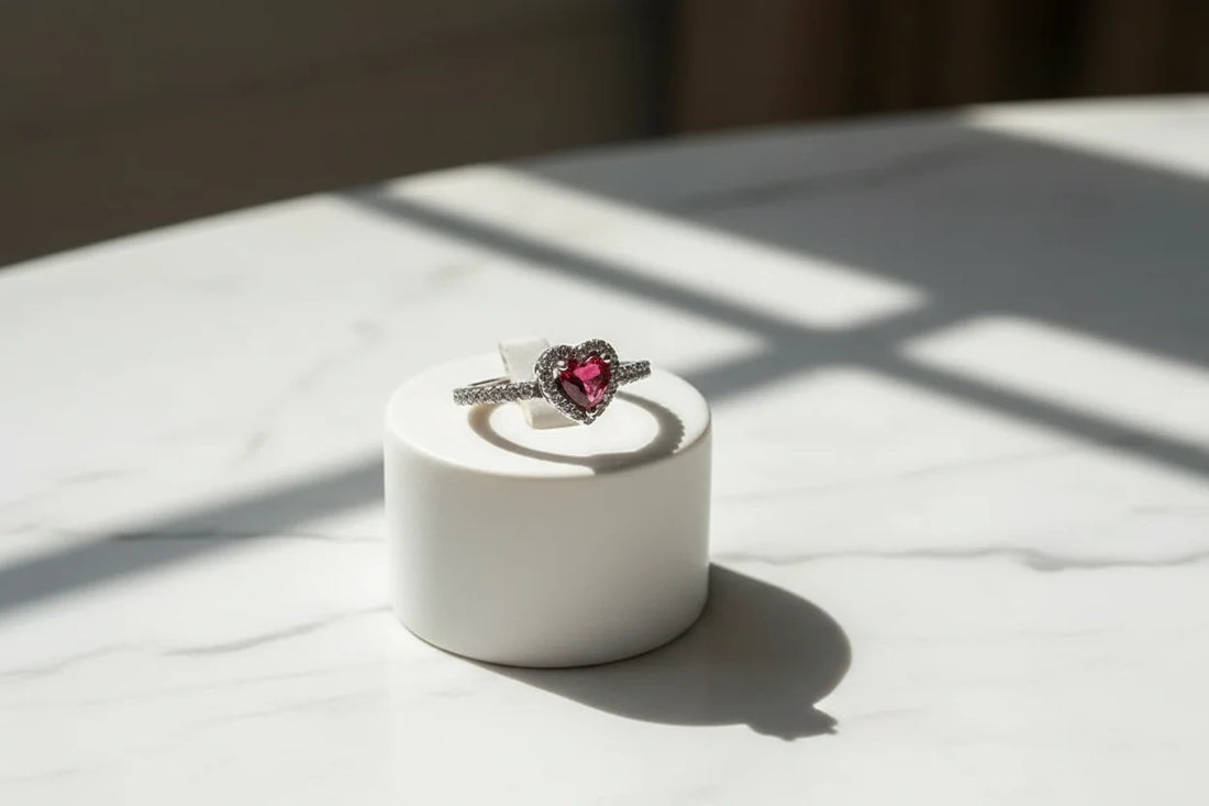 Ring displayed on a white pedestal with window-light shadows, Red Heart Halo CZ Ring | OriaJewel