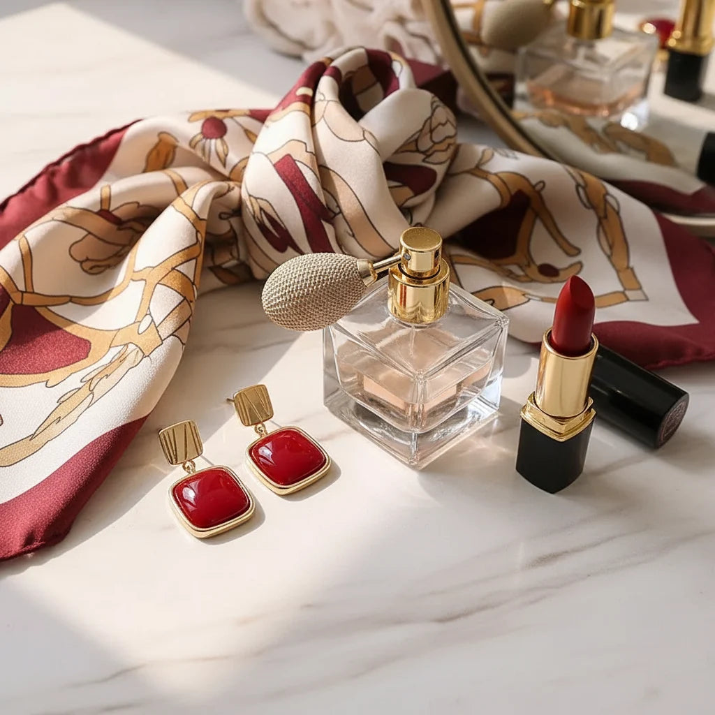 Red Square Drop Earrings flat lay with scarf, perfume bottle, and red lipstick | OriaJewel