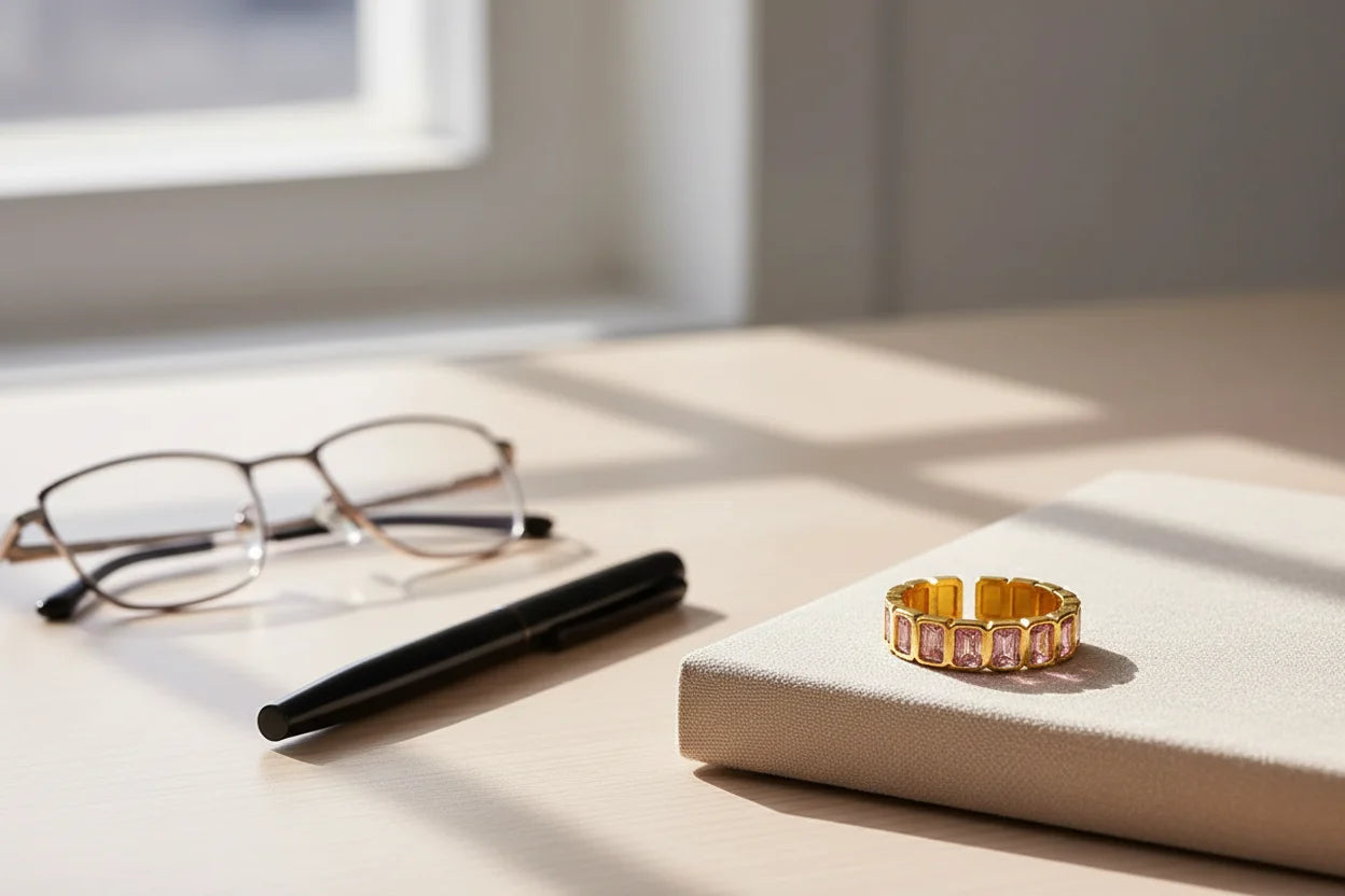 Rose stone band ring on a beige notebook beside glasses and a pen in soft morning sunlight | OriaJewel