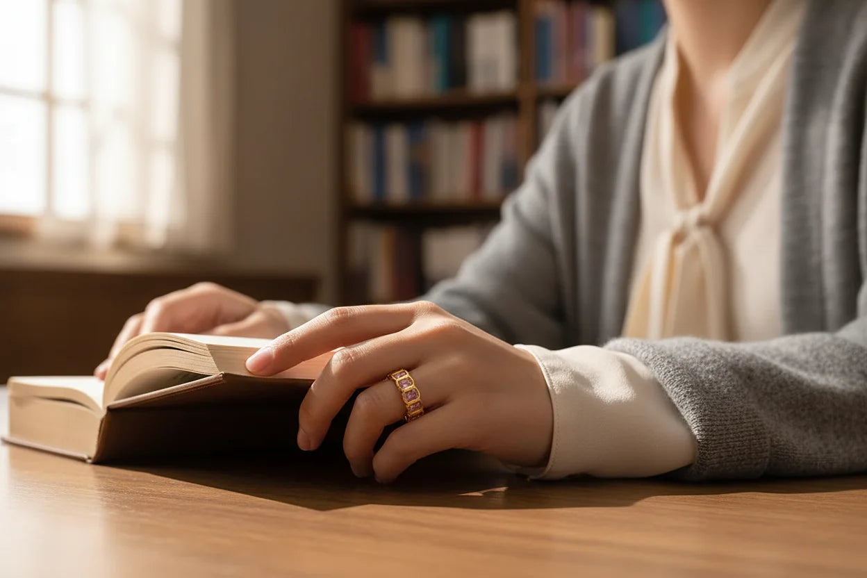Rose stone band ring worn while reading a book, cozy indoor scene with warm natural light | OriaJewel