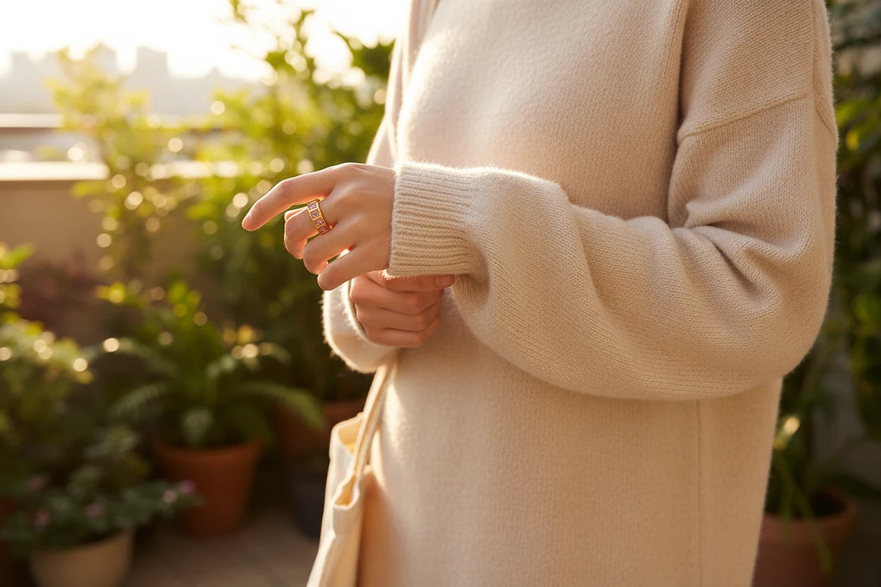 Rose stone band ring on a hand outdoors at golden hour, soft knit sweater and greenery background | OriaJewel