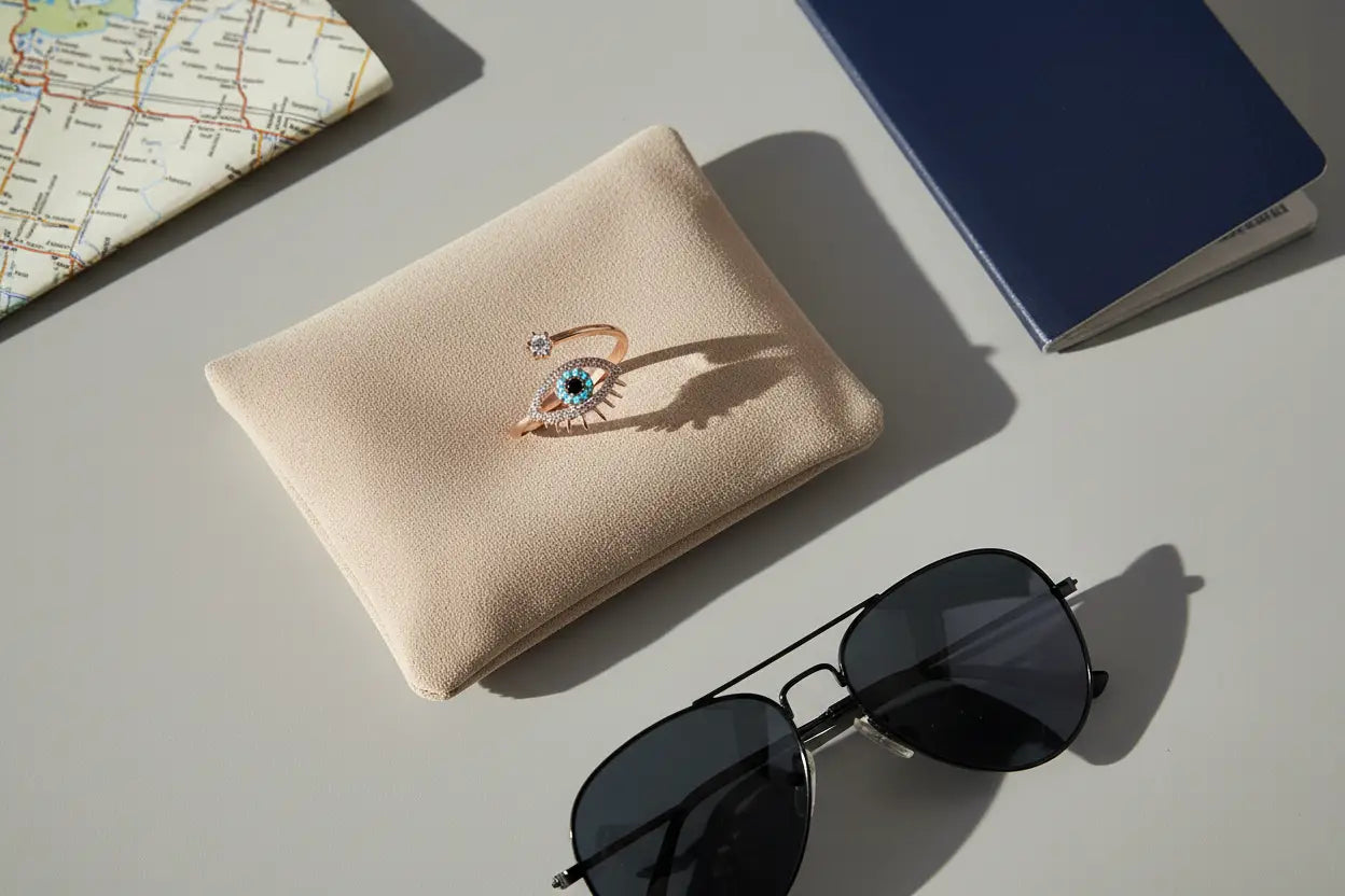 Rose Gold Evil Eye Ring resting on a soft beige pouch beside black sunglasses, a folded map, and a blue notebook under bright natural sunlight with crisp shadows | OriaJewel