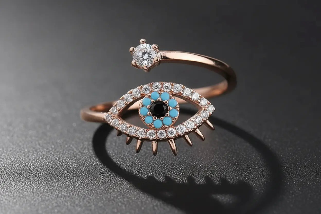 Macro close-up of the Rose Gold Evil Eye Ring on a dark textured surface, showing the sparkling eye outline, turquoise-blue stones around the center, and the small clear stone on the open band | OriaJewel