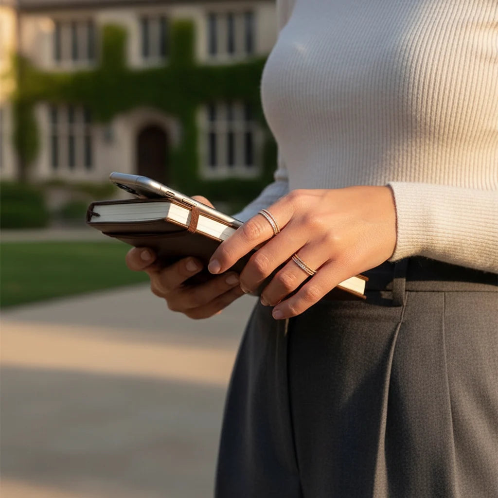 Rose Midi Ring Set stacked midi rings on hand holding a phone and notebook outdoors in warm golden-hour light | OriaJewel
