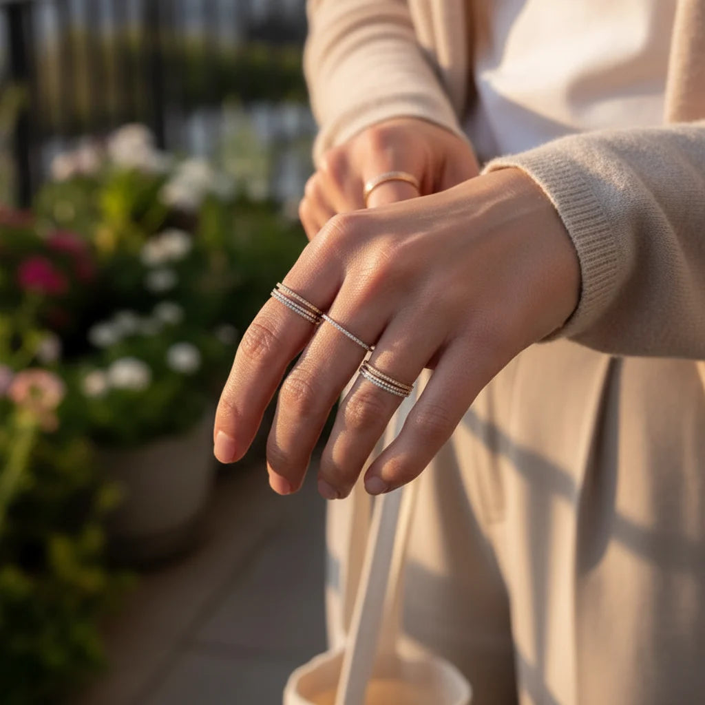 Rose Midi Ring Set close-up of hand adjusting slim stacked midi rings, soft sunset lighting with blurred garden background | OriaJewel