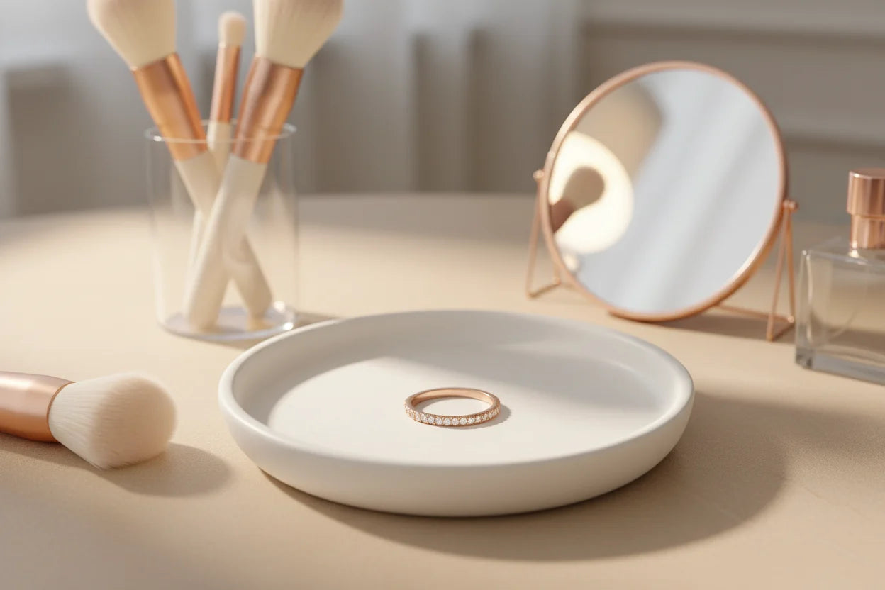 Rose Midi Ring Set rose-gold pavé band resting in a white dish on vanity setup with makeup brushes and mirror | OriaJewel