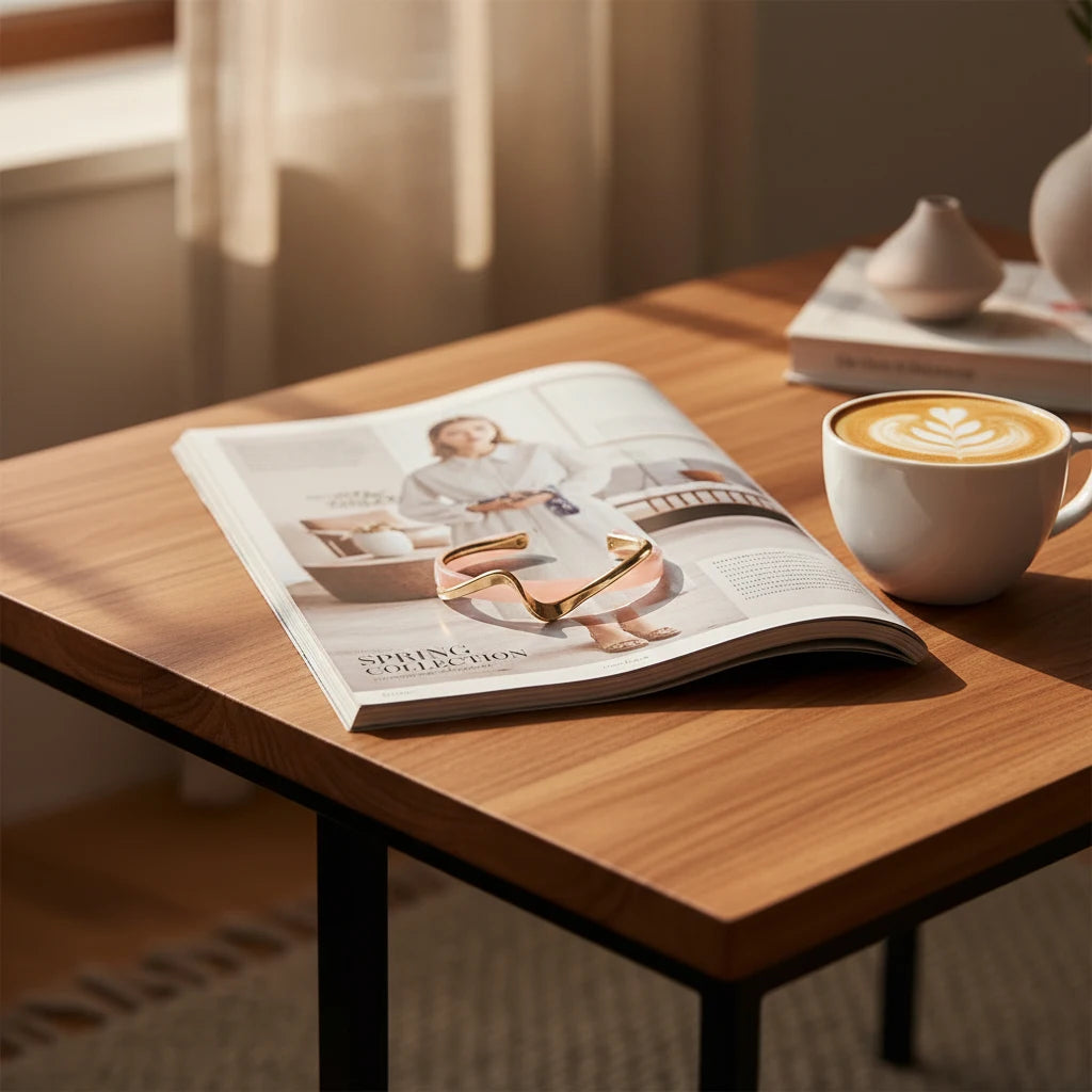 Rosette twist cuff bracelet laid on top of an open lifestyle magazine on a wooden coffee table, styled next to a latte and ceramic décor in warm morning light | Oria Jewel