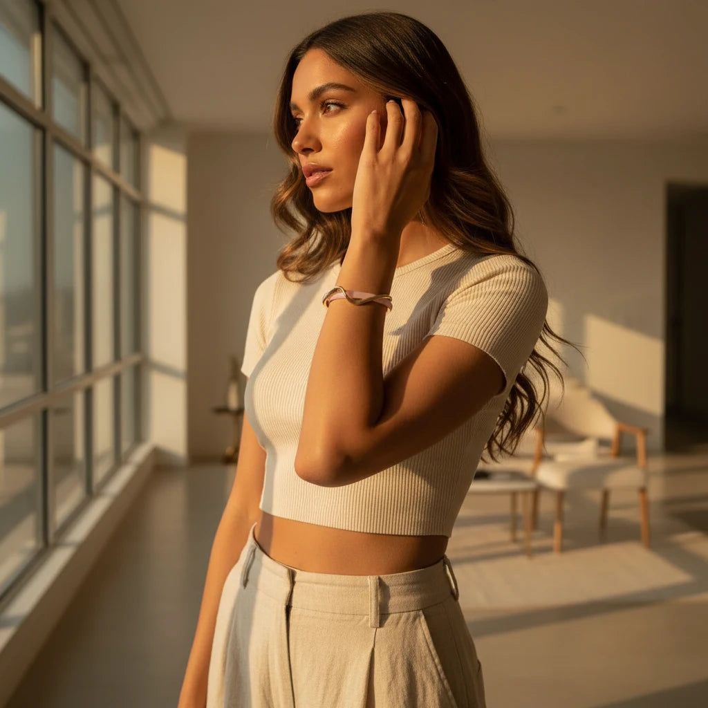 Woman in a sunlit minimalist room wearing a cream crop top and trousers, styling the Rosette twist cuff bracelet as a soft pink and gold accent on her wrist | Oria Jewel