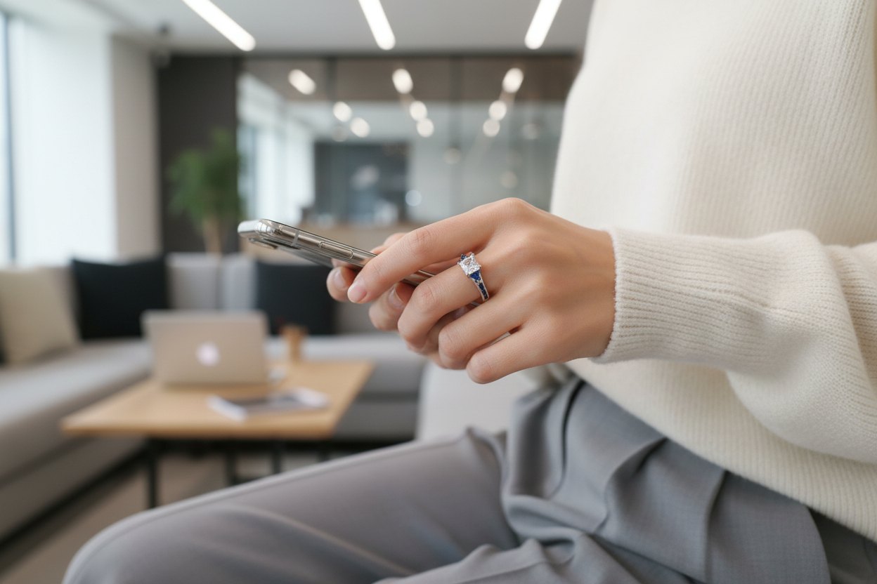 Royal Blue Princess Cut Ring worn while holding a smartphone in a modern office lounge, showcasing a square princess-cut clear center stone with deep royal blue side stones on a sleek silver band | OriaJewel