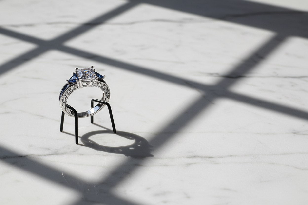 Royal Blue Princess Cut Ring displayed on a small black stand on white marble under window-grid shadows, side/back view highlighting the raised setting, prongs, and blue accent stones | OriaJewel