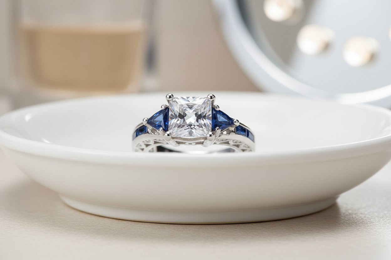 Royal Blue Princess Cut Ring front close-up resting on a white dish with a mirror and perfume softly blurred behind, emphasizing the princess-cut sparkle and royal blue side stone details | OriaJewel