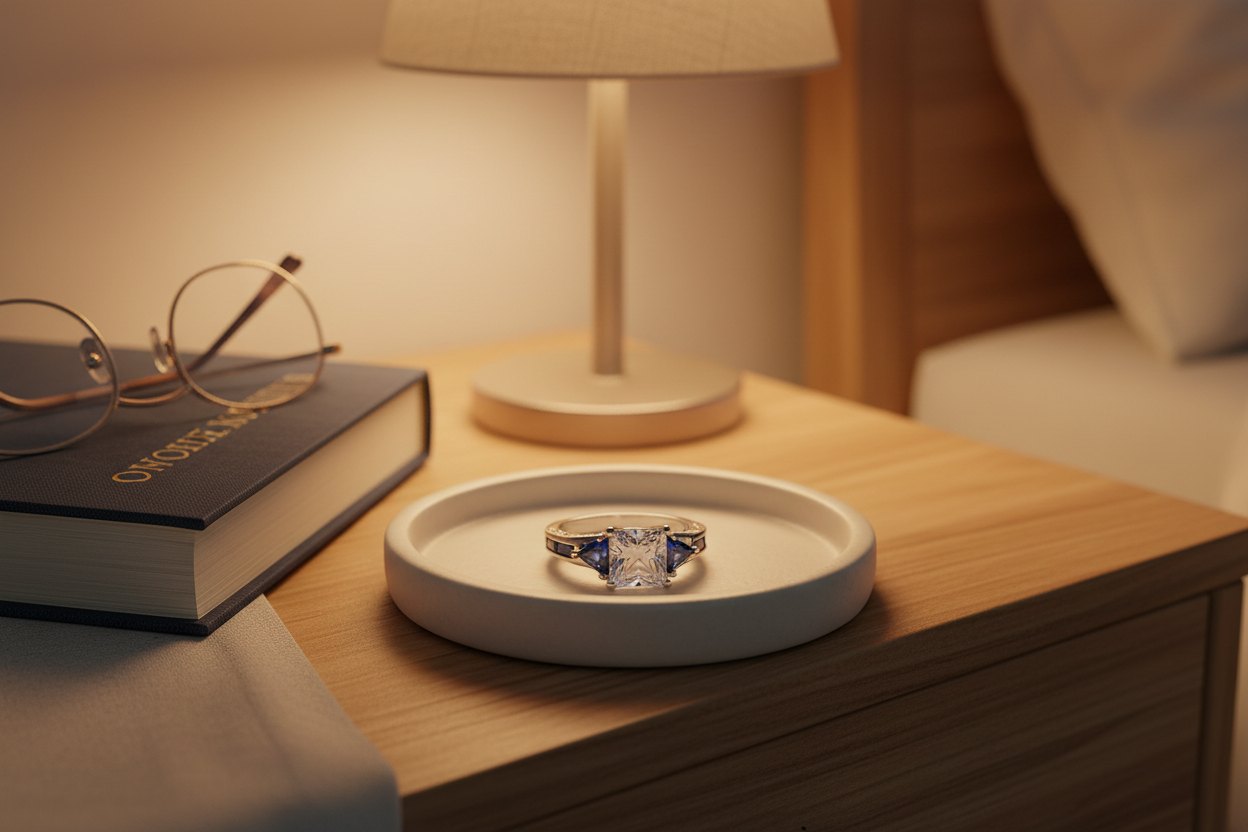 Royal Blue Princess Cut Ring styled on a bedside table in a shallow ceramic tray beside a book, glasses, and lamp, warm ambient lighting highlighting the blue accents and silver setting | OriaJewel