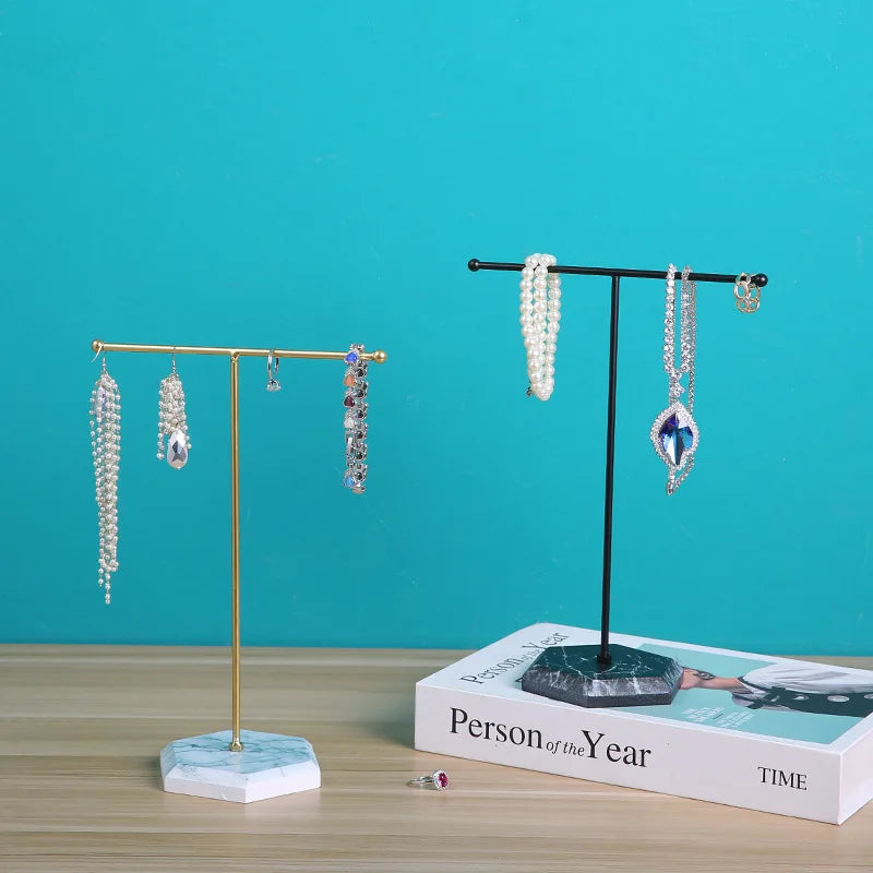 Earring Necklace Ring Bracelet Jewelry Holder Marble Pattern T-shaped Jewelry Display Organizer Holders Metal Storage Racks - Oria Jewel