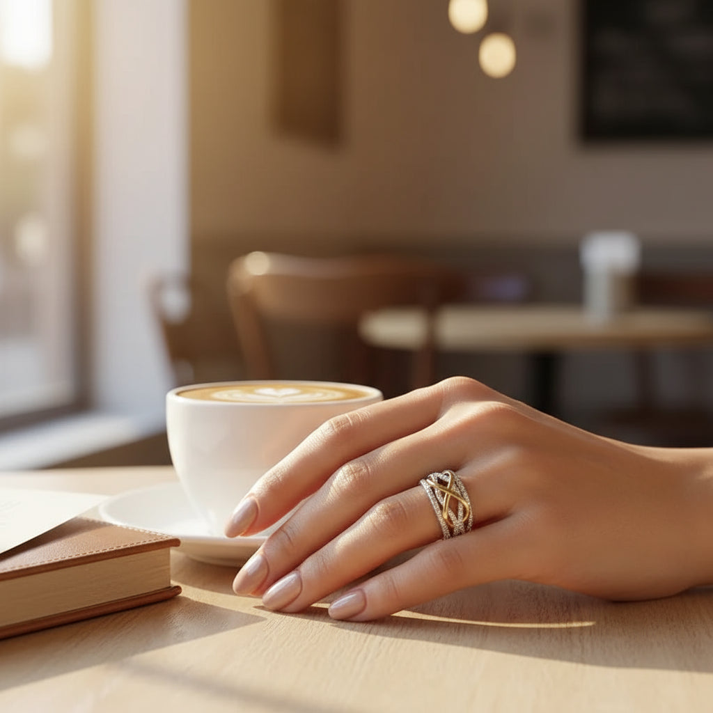 A hand wearing a Silver Infinity Band Ring resting on a table beside a coffee cup and an open book | Oria Jewel