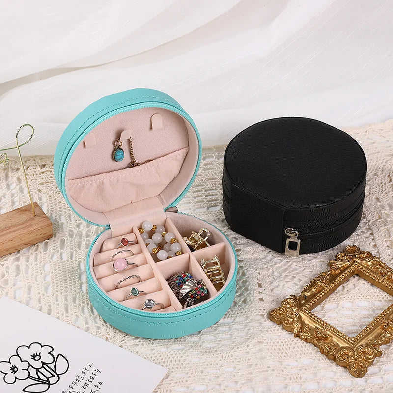 Portable Round Jewelry Box Necklaces Earrings Rings Jewelry Organizer Display Travel Jewelry Case Boxes Pu Leather Storage Box - Oria Jewel