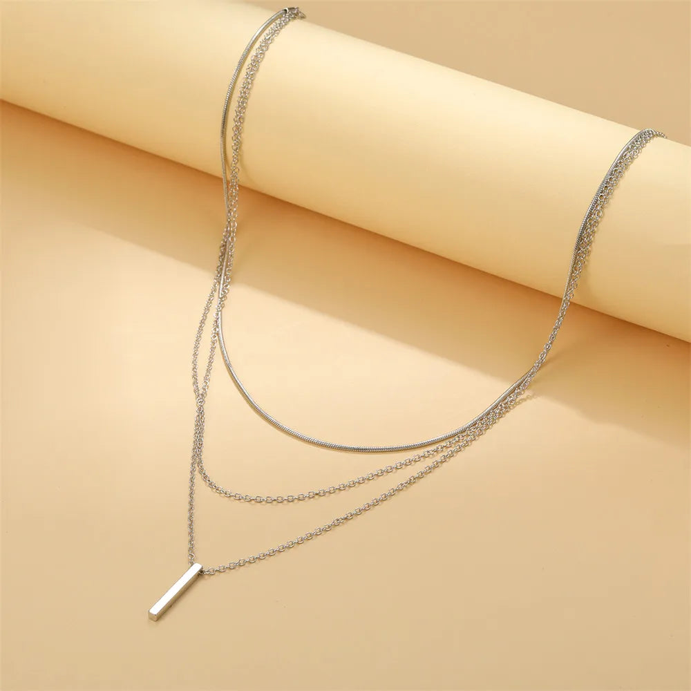 Vintage Layered Metal Bar Pendant Necklace for Women Daily Wear Gold Color Reactangle Clavicle Chain Collarbone Necklace Jewelry - Oria Jewel