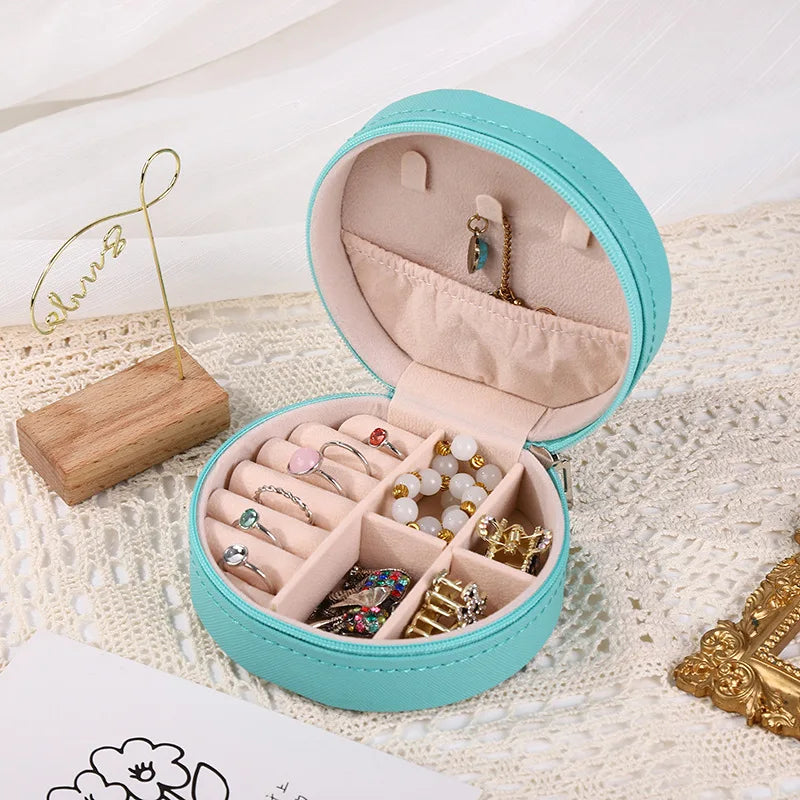 Portable Round Jewelry Box Necklaces Earrings Rings Jewelry Organizer Display Travel Jewelry Case Boxes Pu Leather Storage Box - Oria Jewel