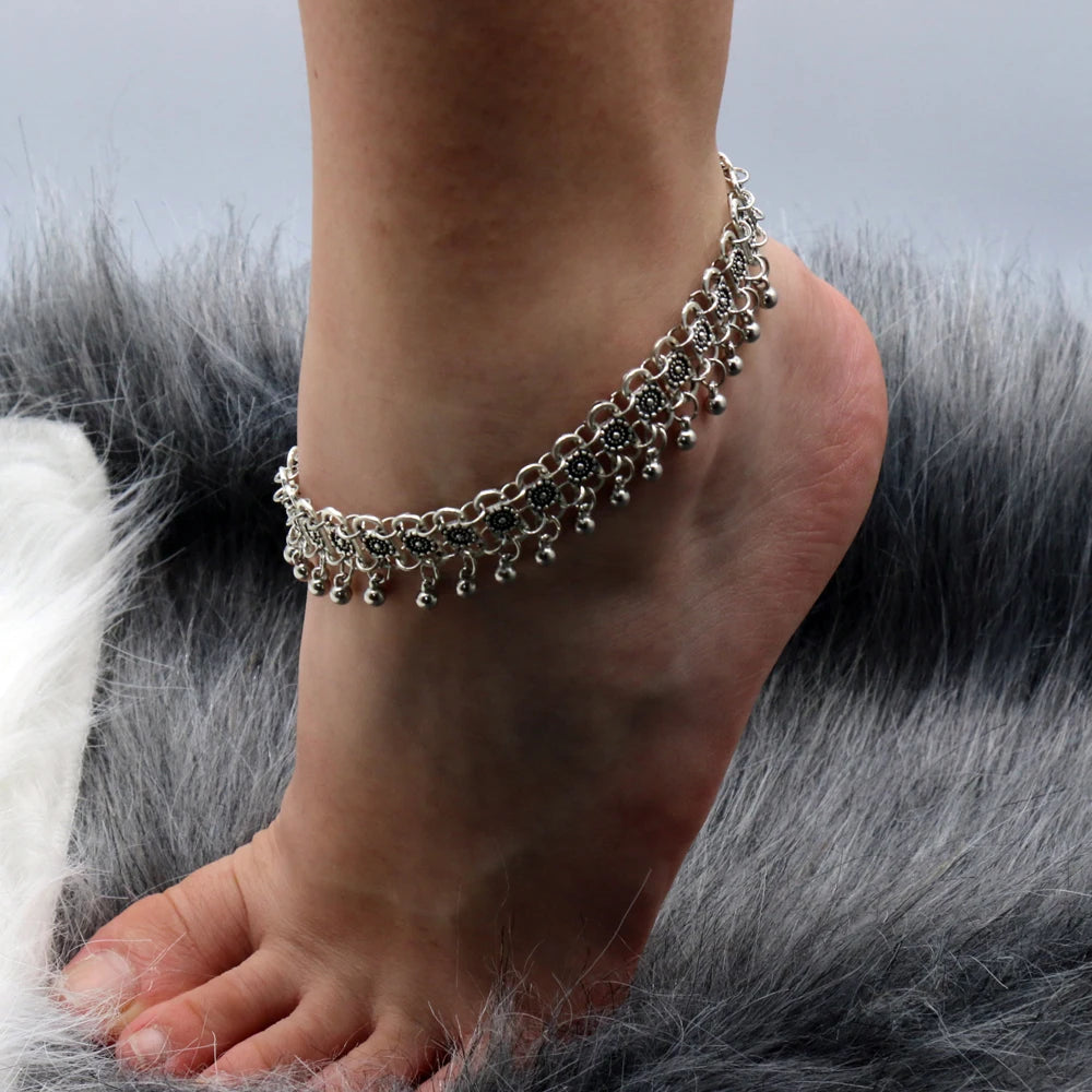 Boho Bells Tassel Anklet – Vintage Carved Flower Foot Chain for Summer &amp; Beachwear - Oria Jewel