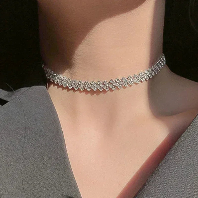 model wearing Luxury Rhinestone Chain Choker at evening event | Oria Jewel