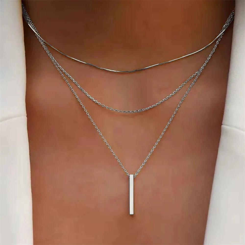Vintage Layered Metal Bar Pendant Necklace for Women Daily Wear Gold Color Reactangle Clavicle Chain Collarbone Necklace Jewelry - Oria Jewel