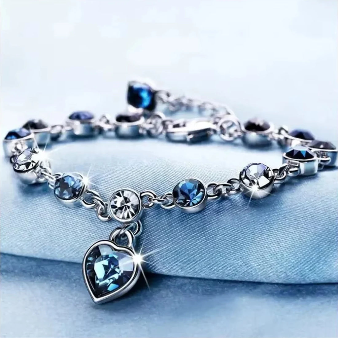 Women Silver Color Lucky Bracelet Female Blue Crystal Heart Charm Pulseras Bracelet Bridal Wedding Engagement Fine Jewelry Gift - Oria Jewel
