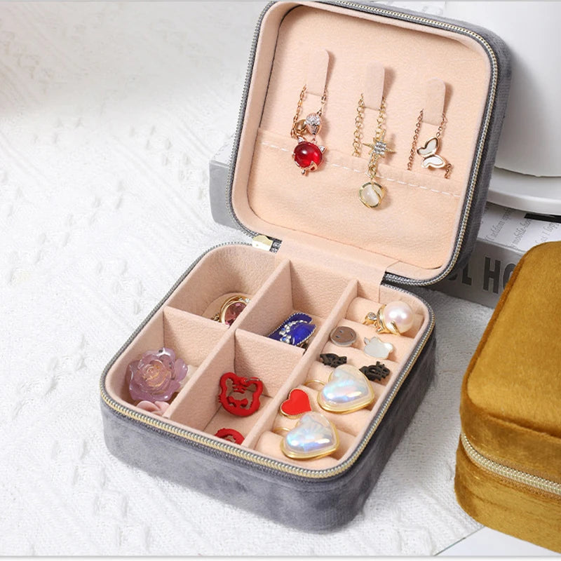 Velvet Jewelry Box For Women Necklace Ring Earrings Organizer Holder Travel Portable Zipper Square Jewelry Storage Case - Oria Jewel