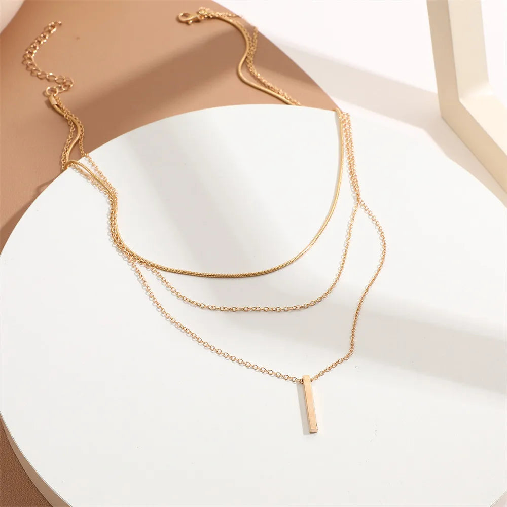 Vintage Layered Metal Bar Pendant Necklace for Women Daily Wear Gold Color Reactangle Clavicle Chain Collarbone Necklace Jewelry - Oria Jewel