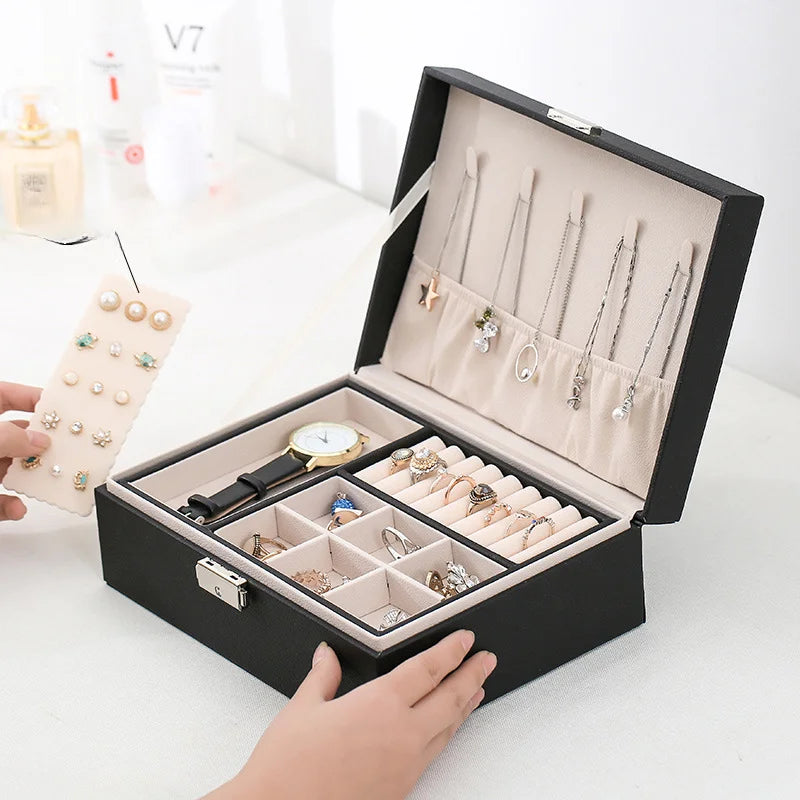 Double-layer Wooden Jewlery Box Ring Box Jewelry Boxes and Packaging with PU Leather Jewelry Storage Organizer and Makeup Case - Oria Jewel