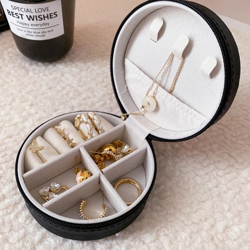 Portable Round Jewelry Box Necklaces Earrings Rings Jewelry Organizer Display Travel Jewelry Case Boxes Pu Leather Storage Box - Oria Jewel