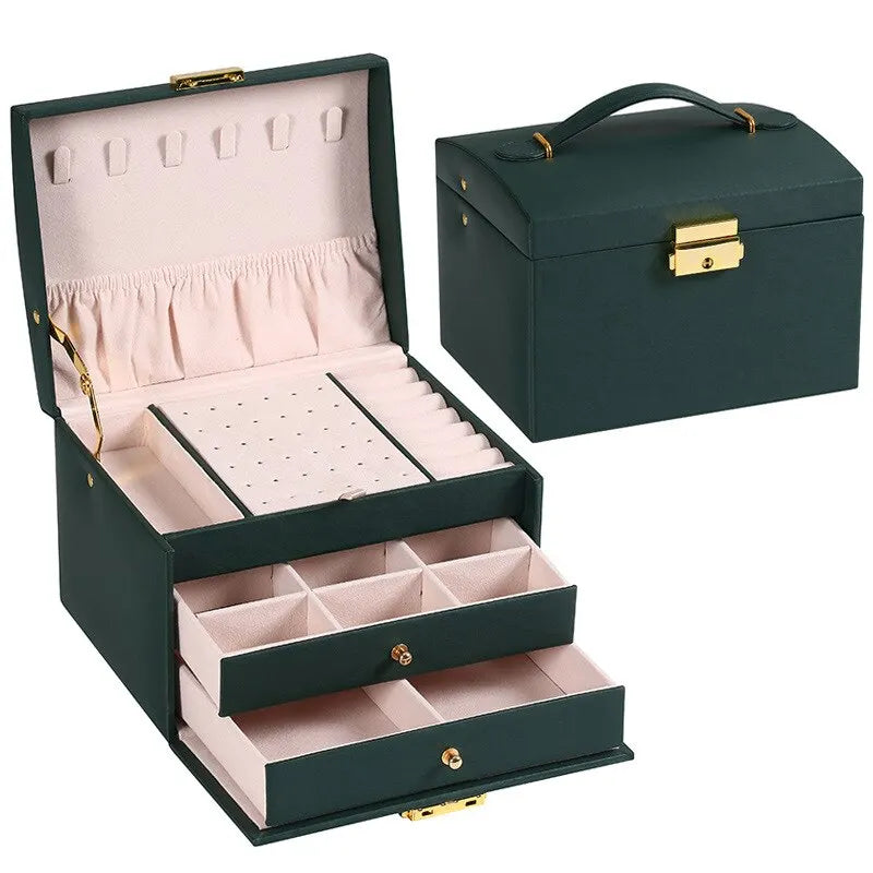 1pcs Multi Functional Three Layer Leather Drawer Style Jewelry Box Earrings Earrings Lock Jewelry Box - Oria Jewel