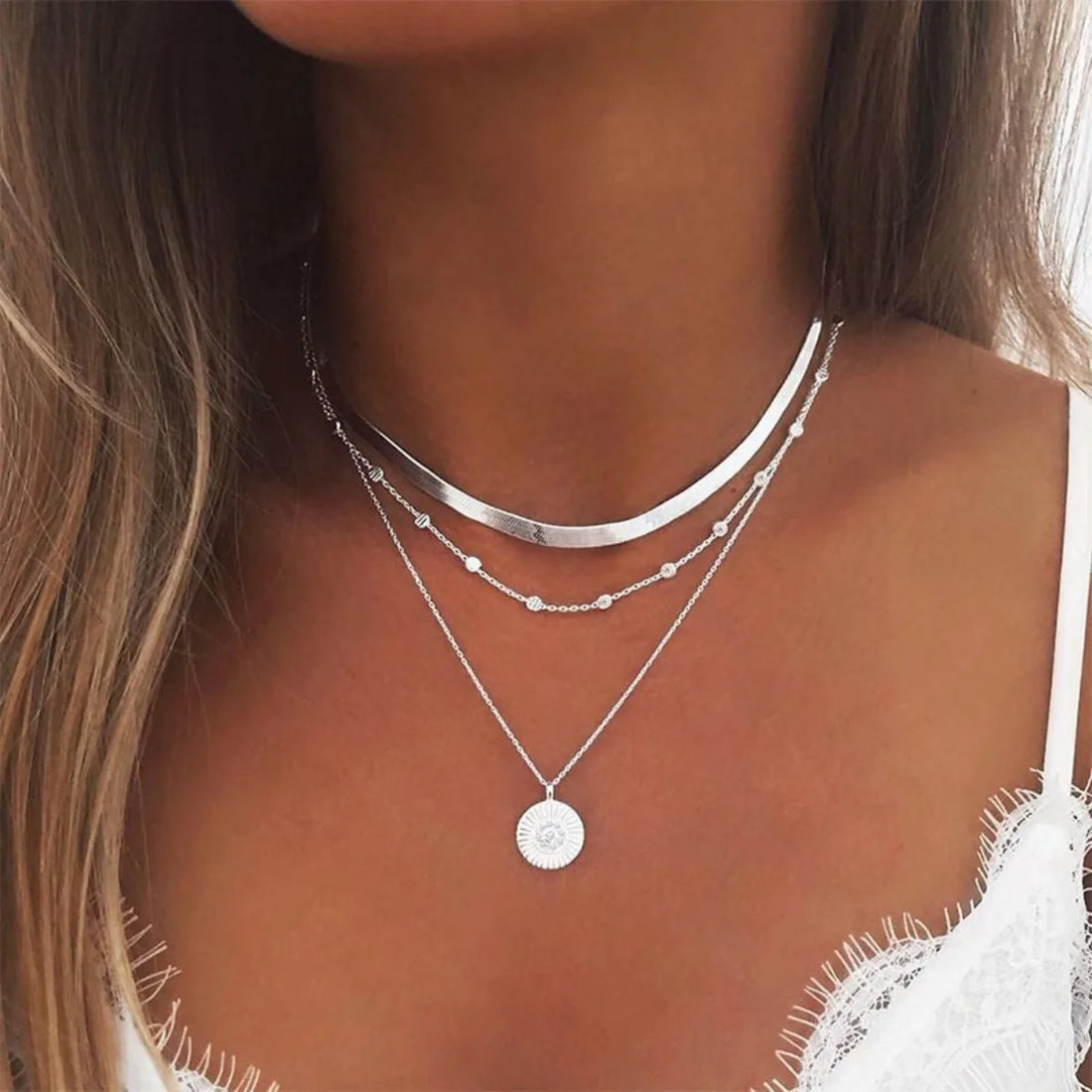 Multi-Layer Silver Circle Chain Necklace close-up on model  | Oria Jewel