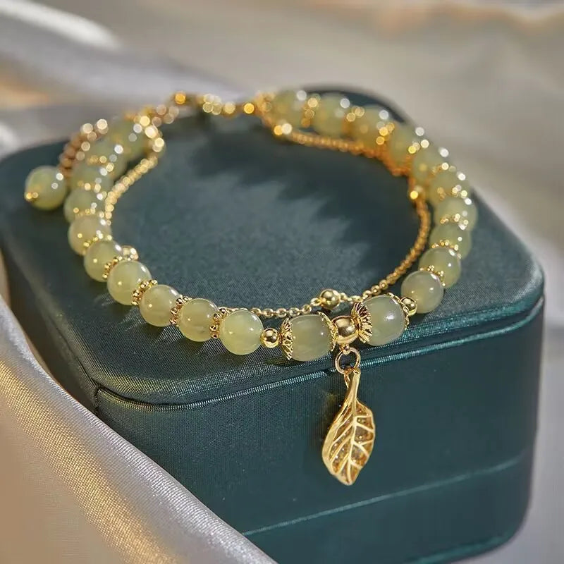 Green Jade Double Chain Bracelet - Oria Jewel