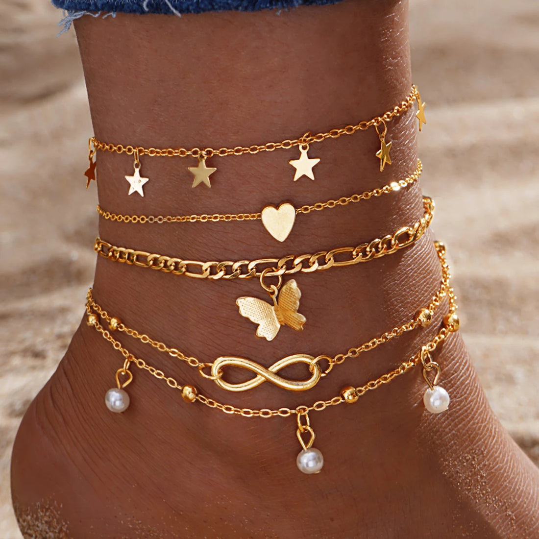 Butterfly &amp; Star Anklet Set – Boho Pearl Beach Jewelry - Oria Jewel