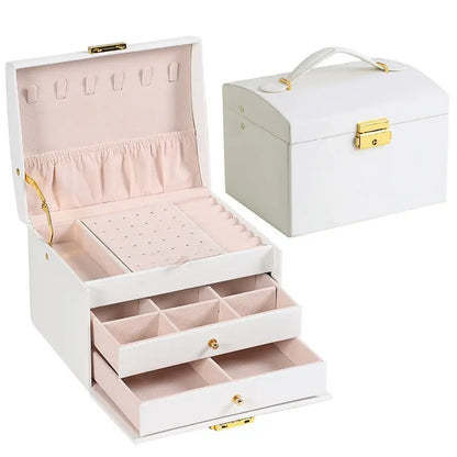 1pcs Multi Functional Three Layer Leather Drawer Style Jewelry Box Earrings Earrings Lock Jewelry Box - Oria Jewel