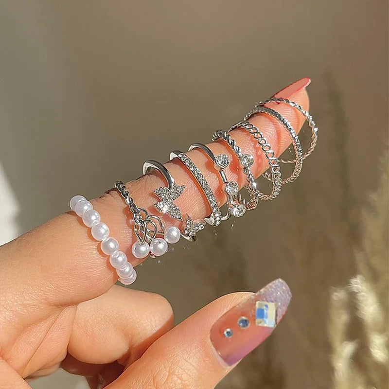 Bohemian Butterfly Pearl Rings Set for Women Shine Pearl Gothic Vintage Plated Retro Rhinestone Simple Finger Jewelry Gift - Oria Jewel
