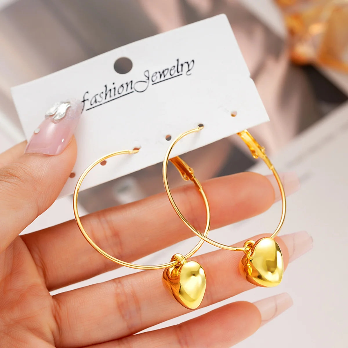 2024 New Heart Pendant Drop Earrings for Women Fashion Gold Color Design Exaggerate Big Circle Hoops Earring Korean Jewelry Gift - Oria Jewel