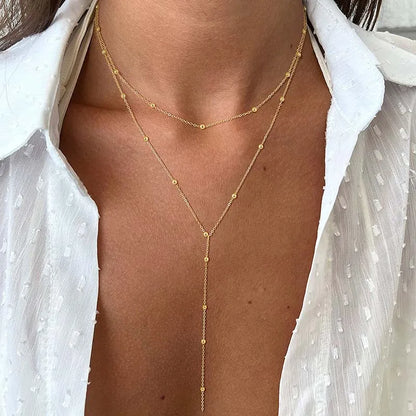 Gold Plated Lariat Necklace for Women, Double Laryered Long Chain Drop Pendant Choker Necklaces Fashion Gifts - Oria Jewel