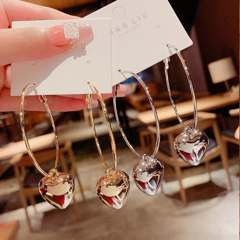 2024 New Heart Pendant Drop Earrings for Women Fashion Gold Color Design Exaggerate Big Circle Hoops Earring Korean Jewelry Gift - Oria Jewel