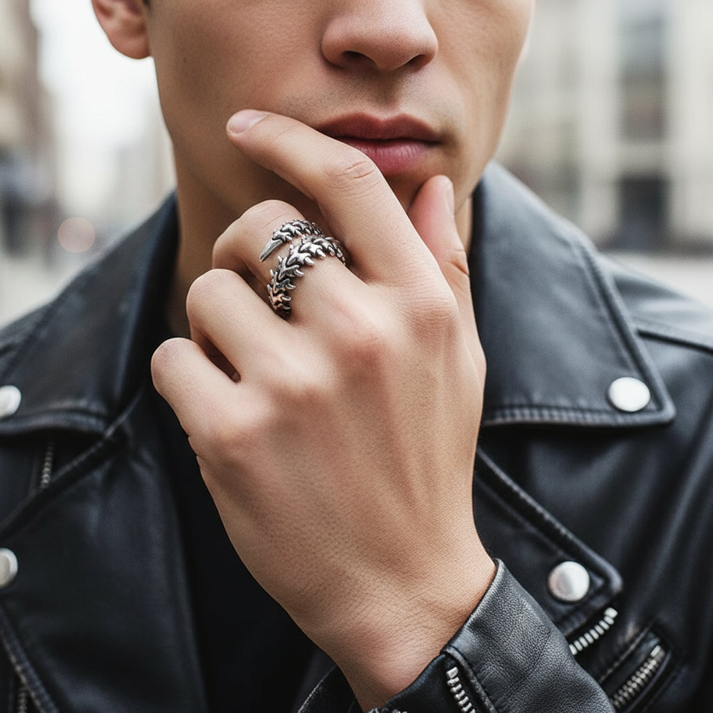 Close-up of man wearing the Fierce Vertebrae Open Band Ring, showing his hand and leather jacket | Oria Jewel