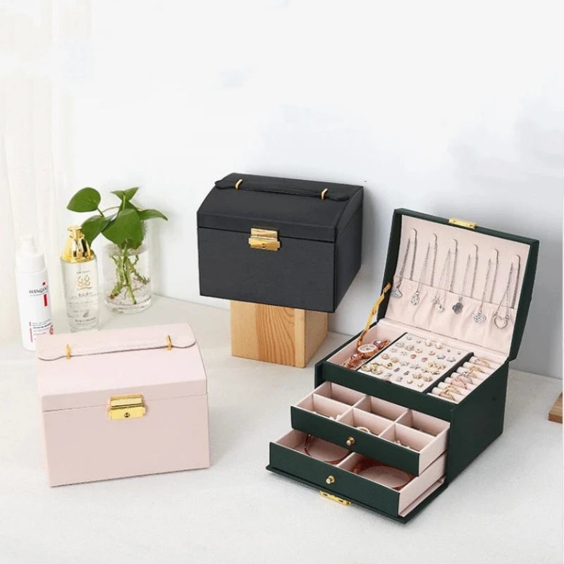1pcs Multi Functional Three Layer Leather Drawer Style Jewelry Box Earrings Earrings Lock Jewelry Box - Oria Jewel
