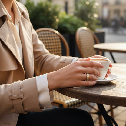 Woman in a beige trench coat holding a coffee cup while wearing a Golden Edge Classic Band ring  | Oria Jewel