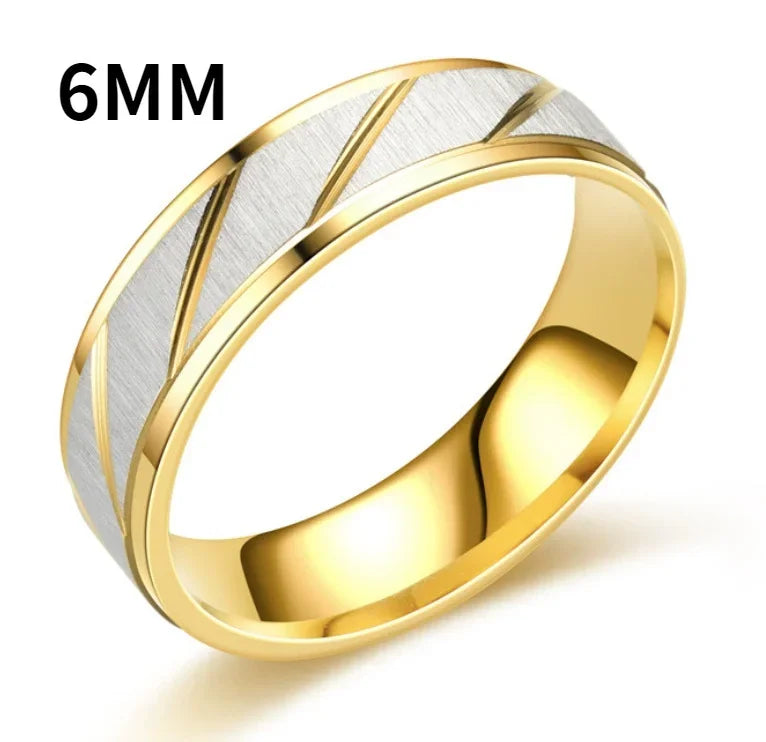 Fashion Gold Stripes Couple Rings 6mm 4mm Stainless Steel Contrast Color Jewelry Valentine&