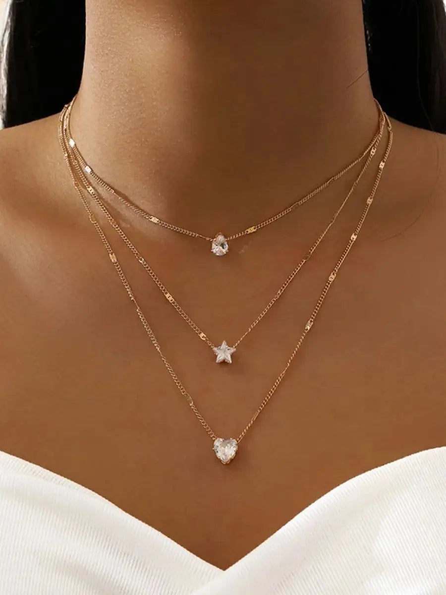 Multi-layer Five-pointed Star Heart Shape Water Drop Pendant Chain Necklace Alloy Material Glass Collarbone Chain Sexy Women&