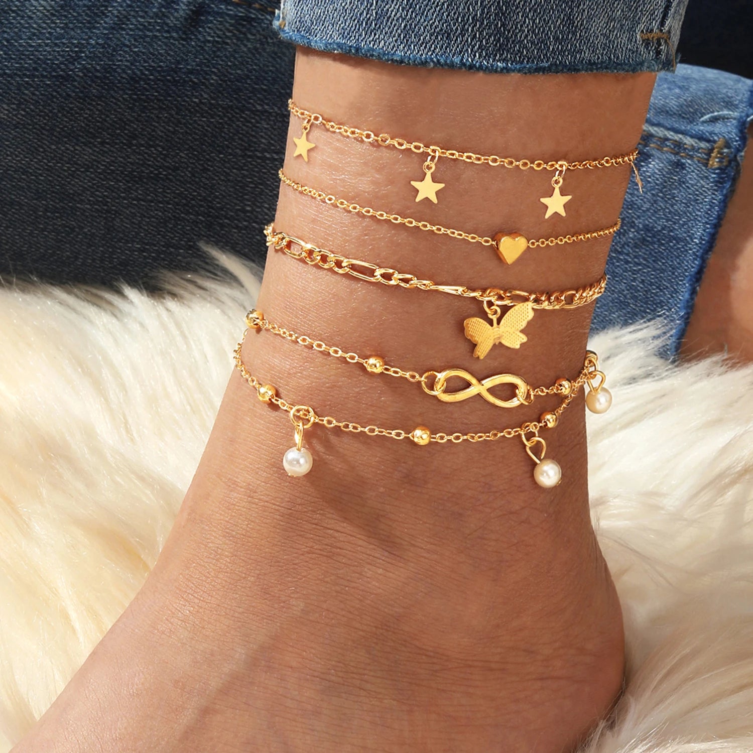 Butterfly &amp; Star Anklet Set – Boho Pearl Beach Jewelry - Oria Jewel