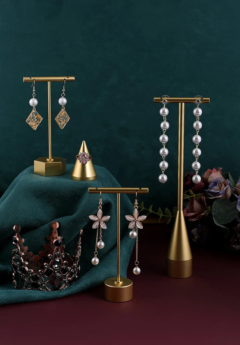 Gold Metal Hand Ring Holder Finger Jewelry Tower Earring T Bar Shelf Hanging Display Stand Ear Studs Storage Organizer Hole Rack - Oria Jewel